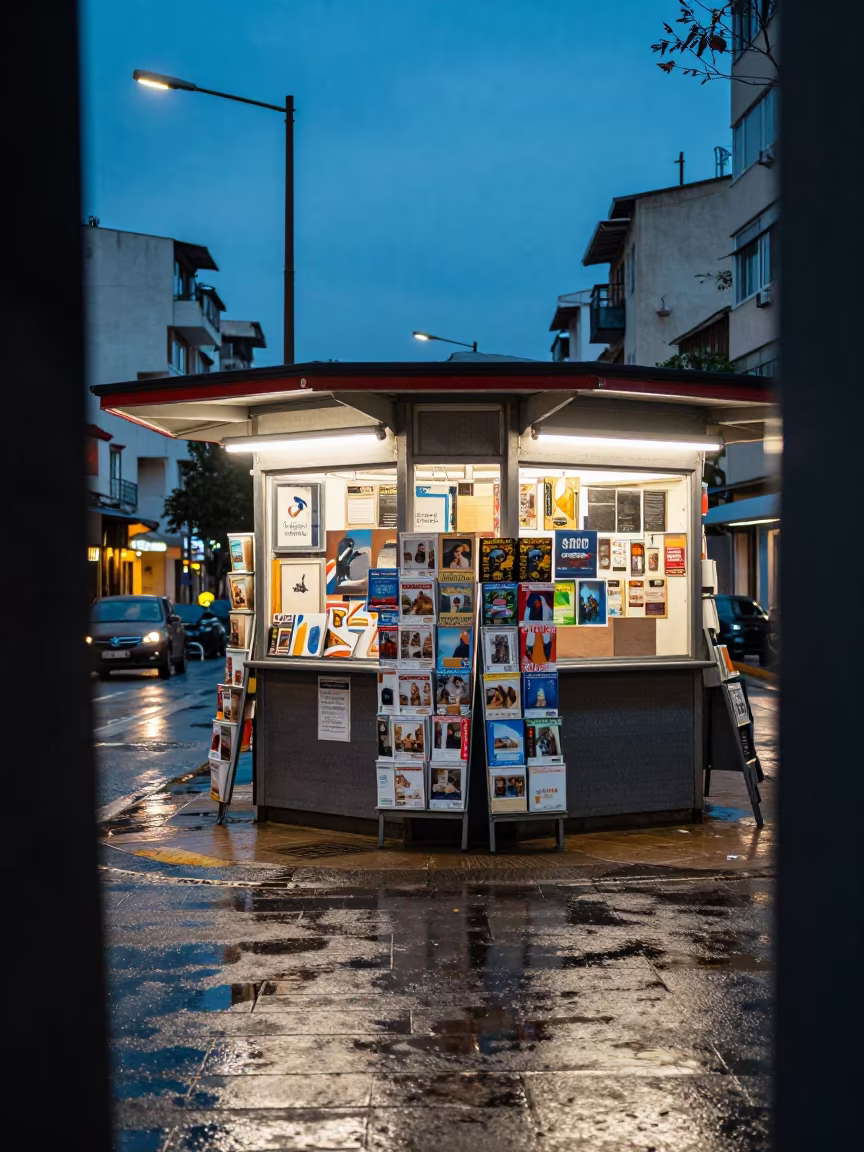 Rain-Slicked Newsstand Reflections at Blue Hour Ramat Gan in outside a corner cafe in Ramat Gan