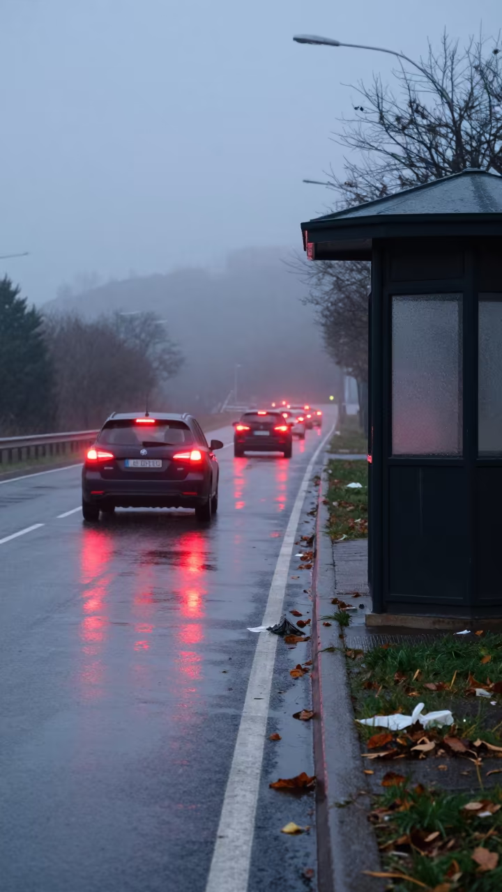 Rain-Slicked On-Ramp Reflects Brake Lights at Dawn in by a rain-darkened kiosk in Sintra