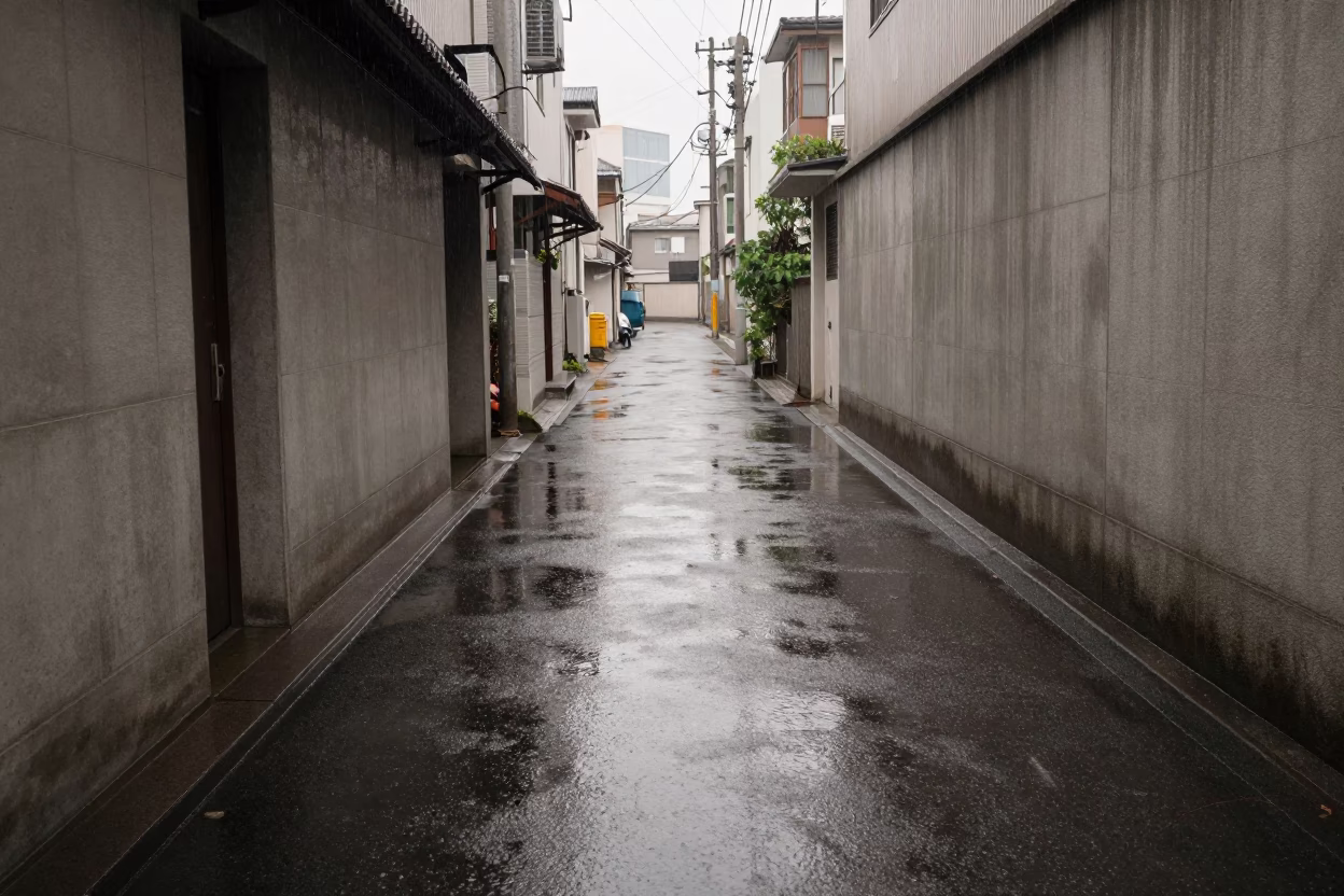 Rain slicked Osaka alleyway morning light and wet pavement reflections in in Osaka, Japan