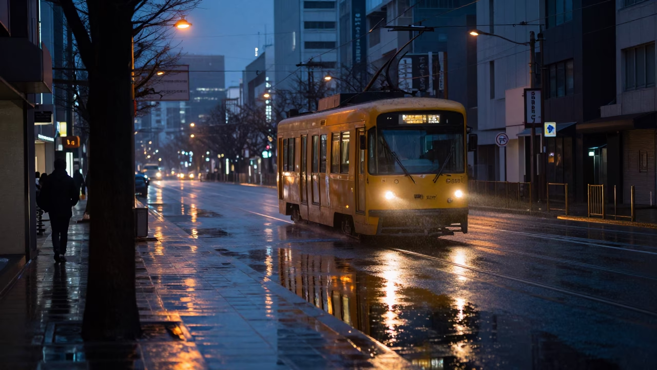 Rain-slicked Osaka street at dawn with tram reflection and wet cobblestones in in Osaka, Japan