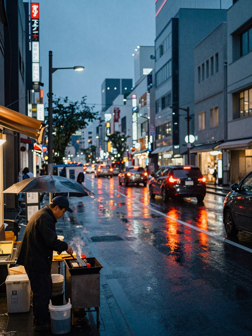 Rain-slicked Osaka street at dusk with glowing taillights and okonomiyaki vendor in in Osaka, Japan