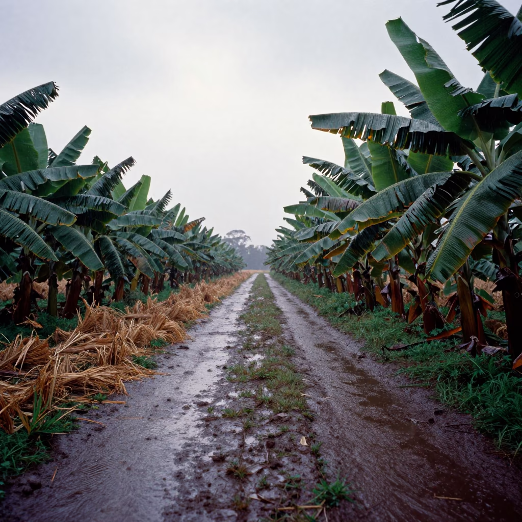 Rain-Slicked Path Through Banana Plantation Field in across a harvested grain field in Queensland
