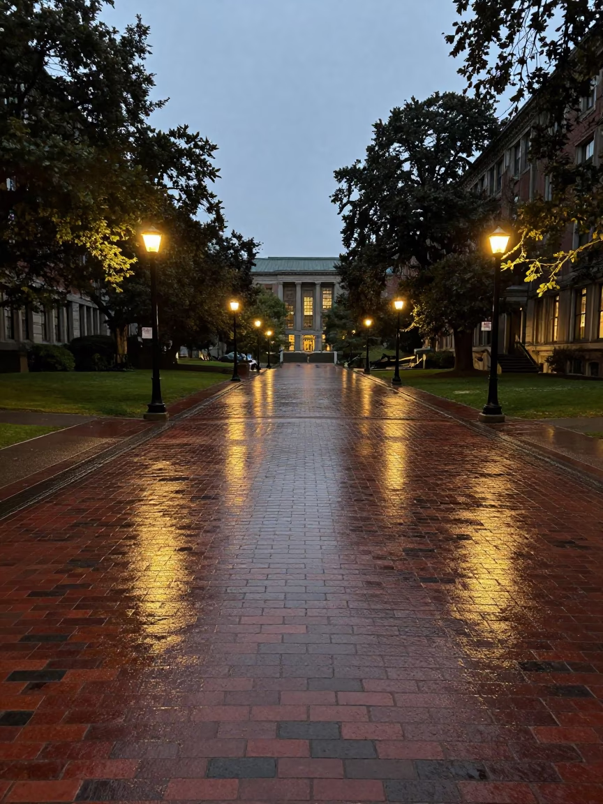 Rain-Slicked Seattle Campus Quad at Early Evening with Brick Architecture and Street Life in in Seattle, Washington, United States