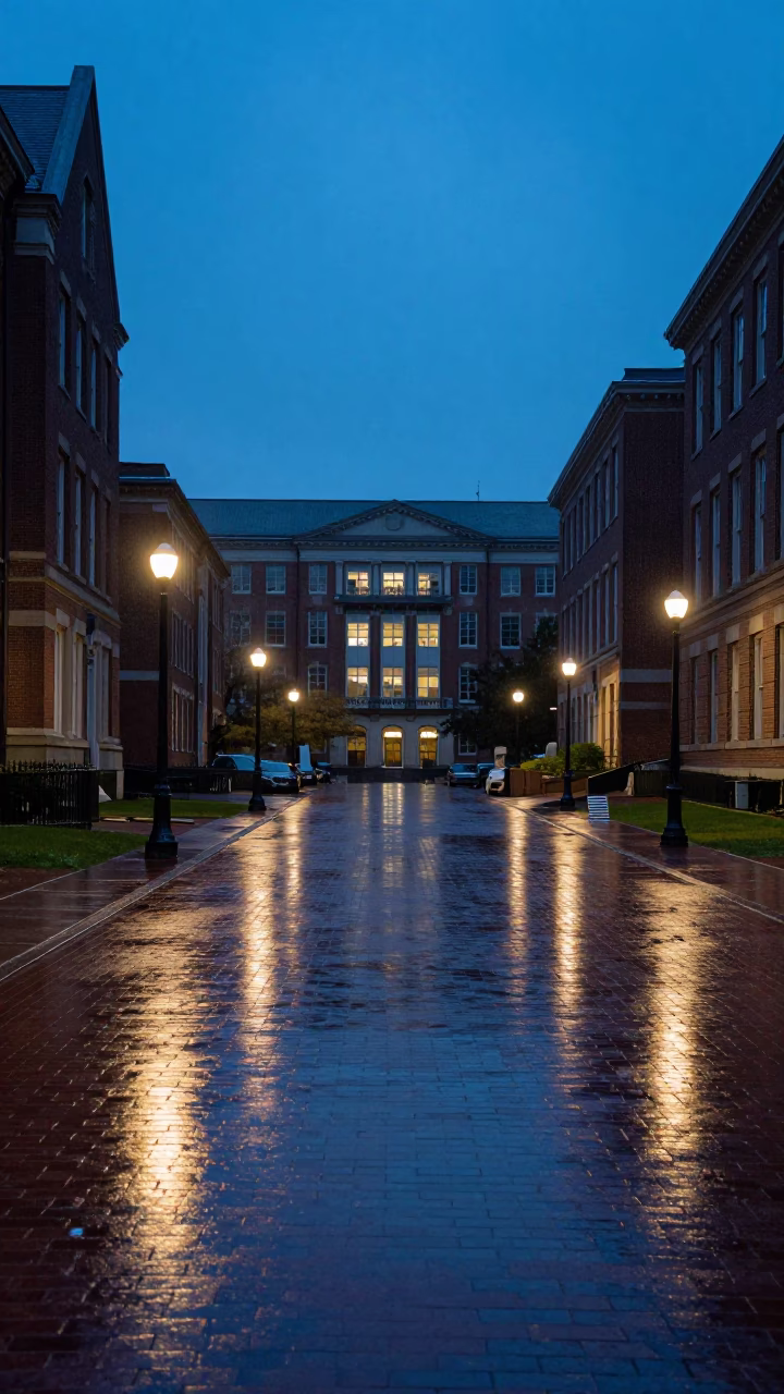 Rain-slicked Seattle campus quad between brick buildings under evening blue light in in Seattle, Washington, United States