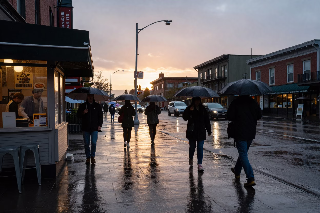 Rain-Slicked Seattle Street at Dusk with Wet Umbrellas and Coffee Stands in in Seattle, Washington, United States