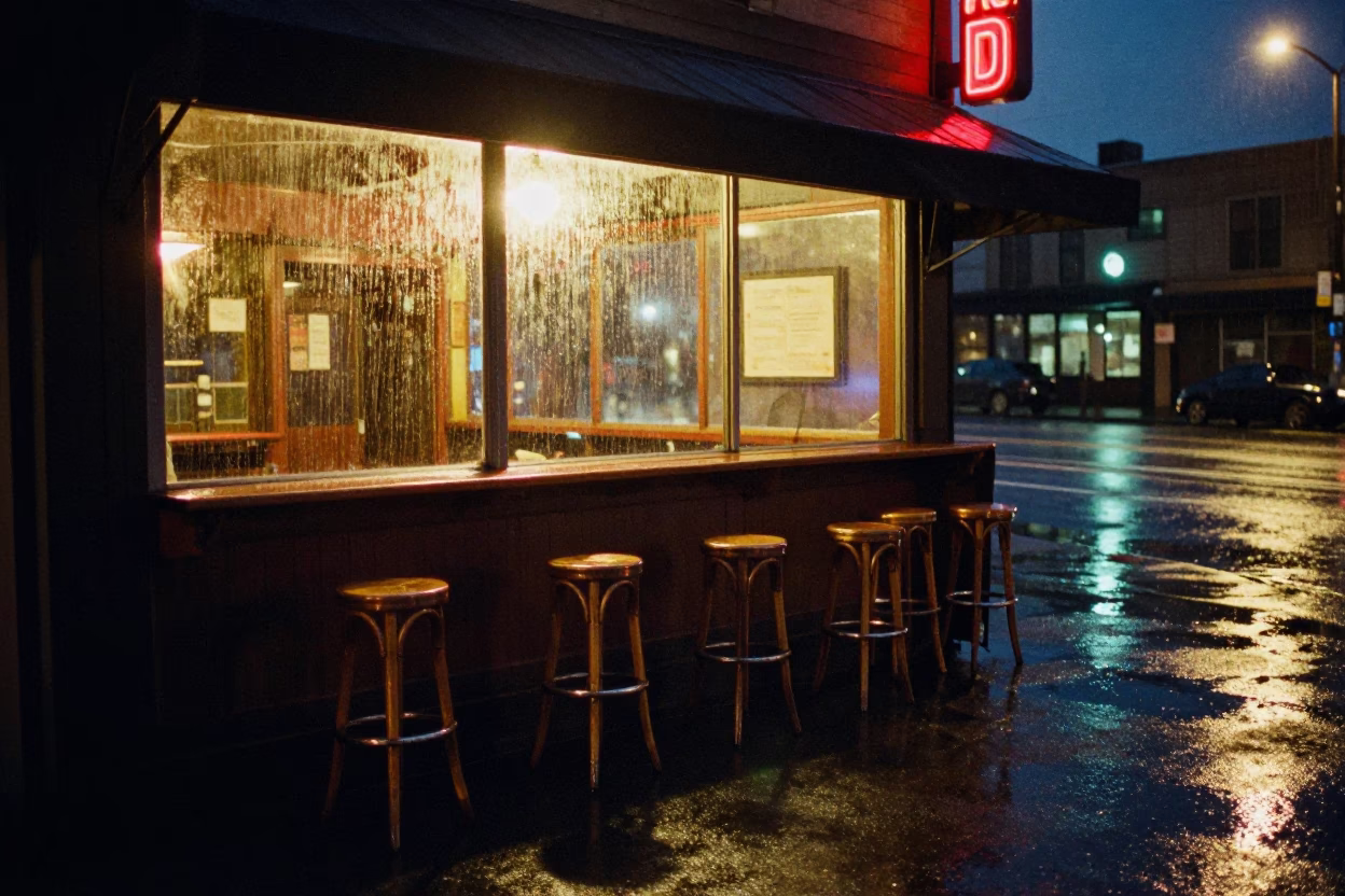 Rain-slicked Seattle street at midnight with neon reflections and empty bar stools in in Seattle, Washington, United States