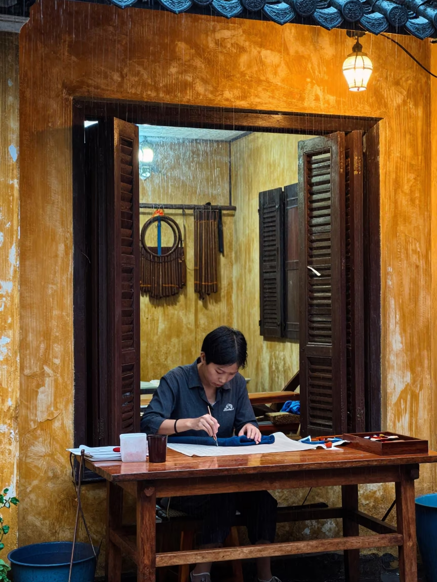 Rain-slicked Shop in Hoi An in in Hoi An, Vietnam