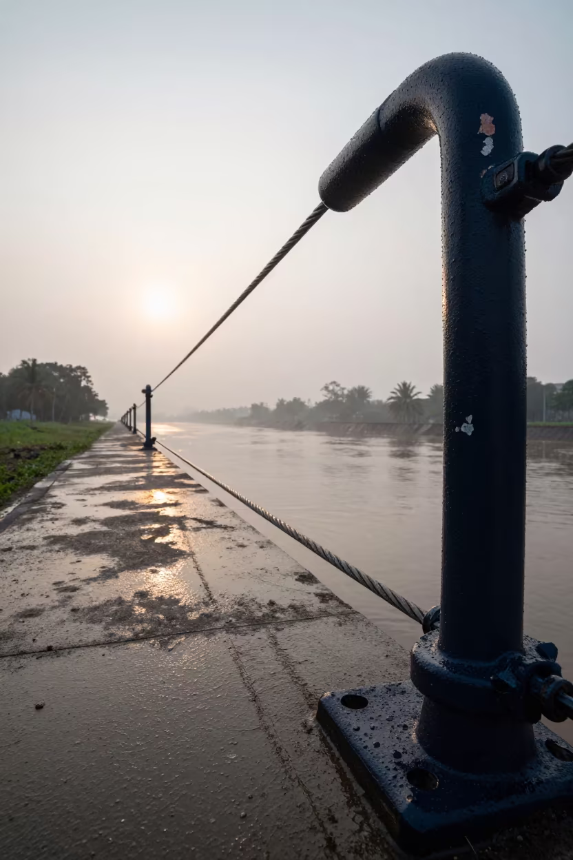 Rain-Slicked Sluice Gate Handle at Dawn in along a levee path above floodwater near Tegucigalpa