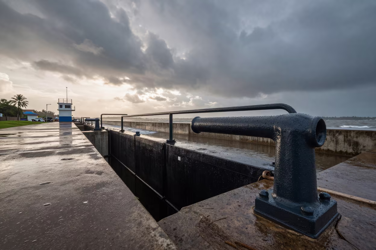 Rain-Slicked Sluice Gate Handle Before Dawn in beside a storm surge barrier in Sierra Leone