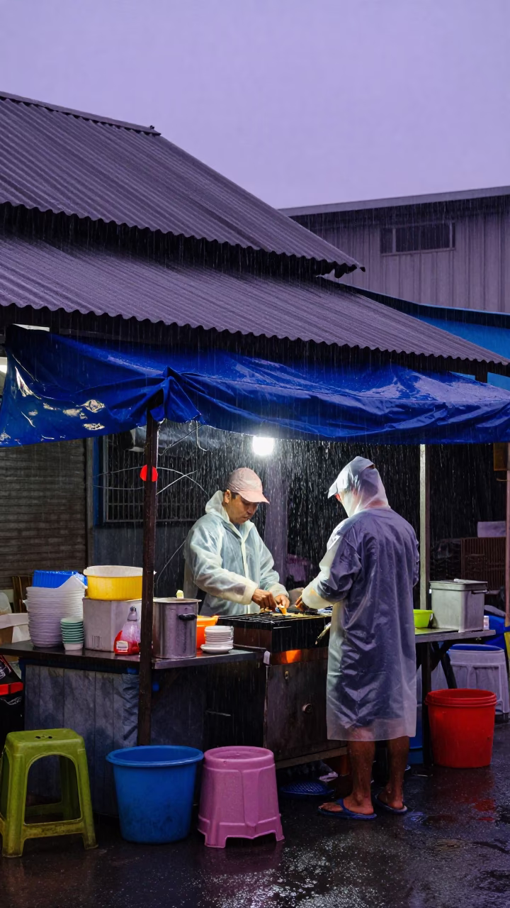 Rain-slicked Stall in Phuket in in Phuket, Thailand