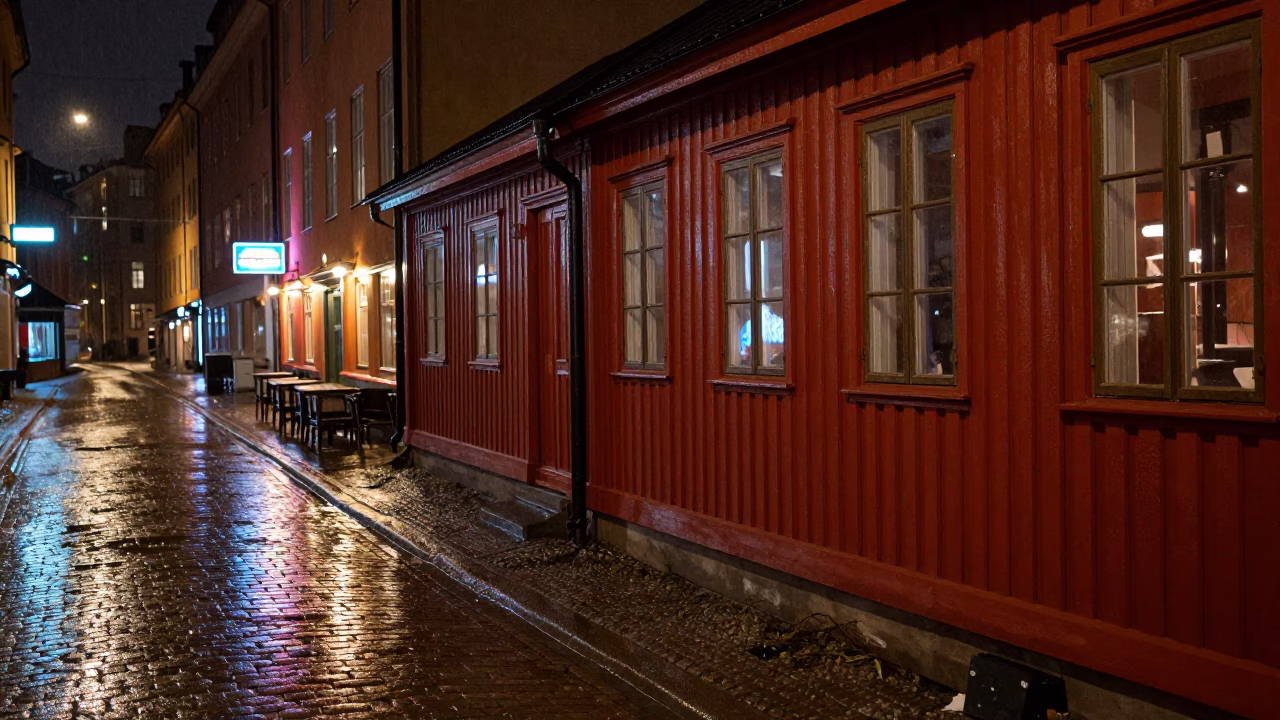 Rain-slicked Stockholm night street scene with red lacquered wooden accents and colorful fashion in in Stockholm, Sweden