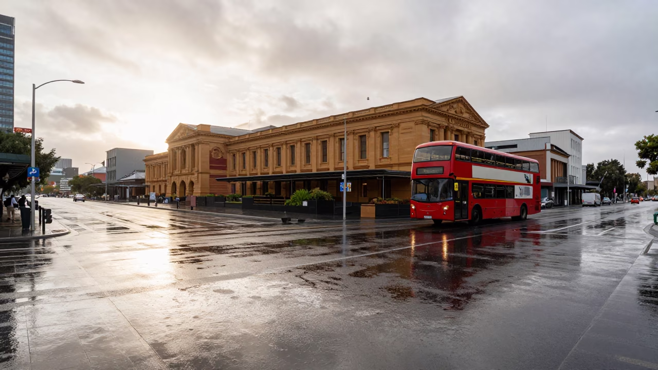 Rain-slicked Street in Adelaide in in Adelaide, South Australia, Australia