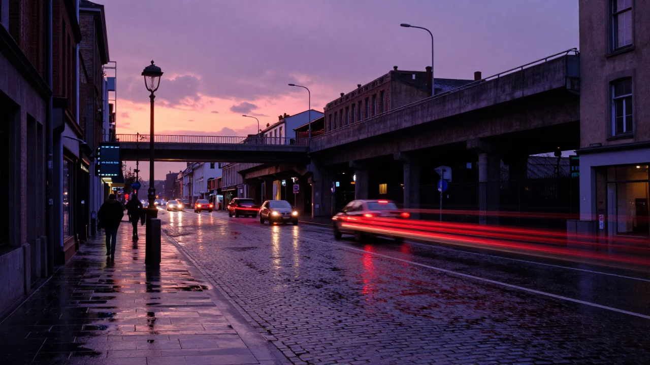 Rain-slicked Street in Brussels at Sunset Light in in Brussels, Belgium