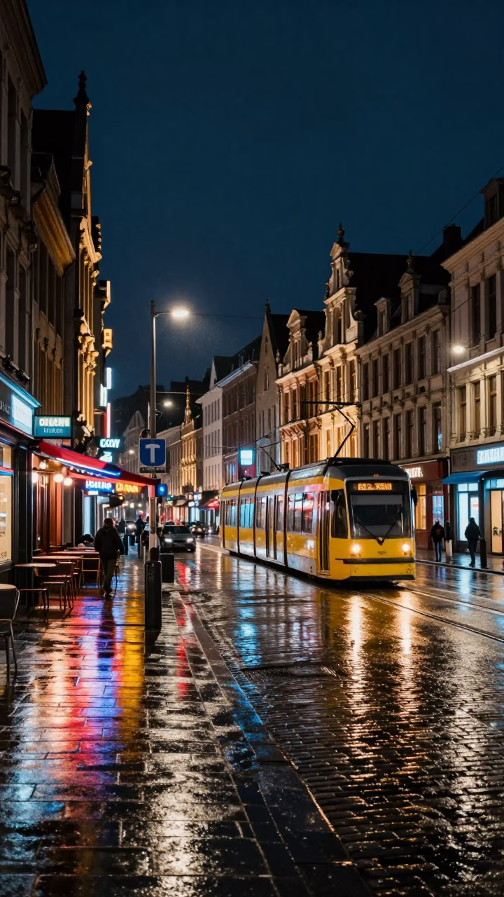 Rain-slicked Street in Brussels at The Deepest Night Sky Light in in Brussels, Belgium