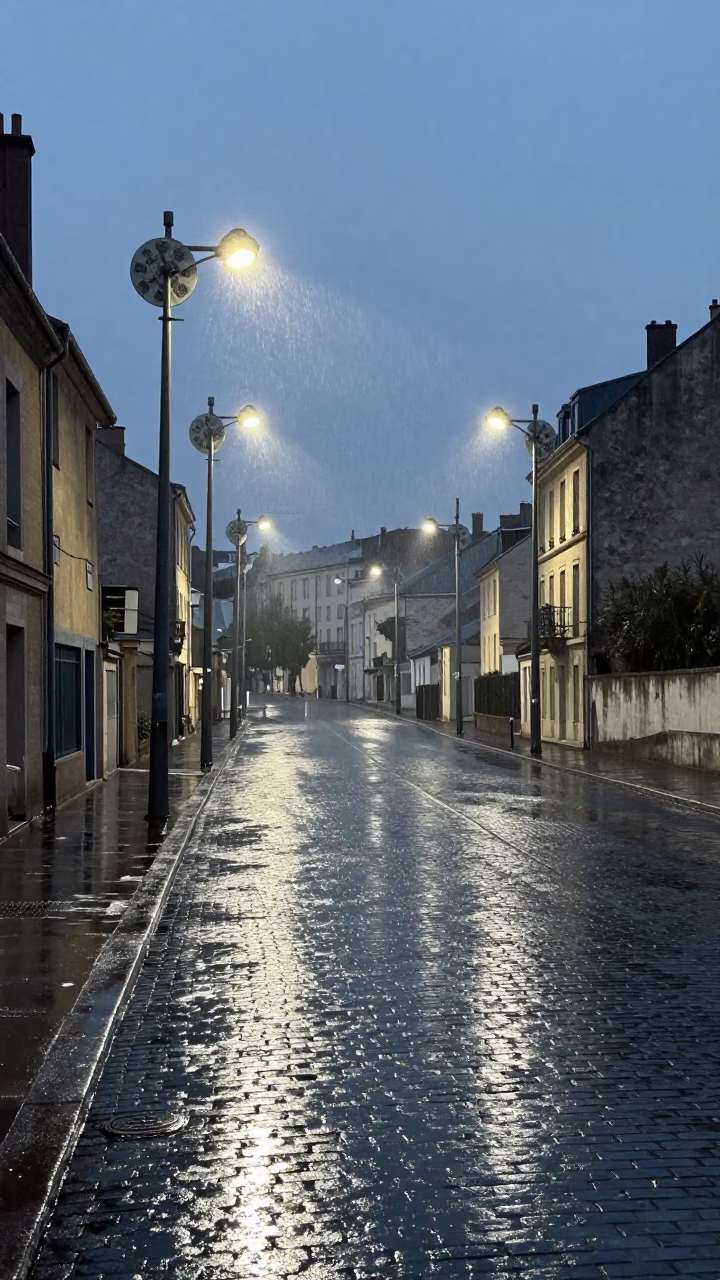 Rain-slicked Street in Lyon at The Still Hours Before Dawn Light in in Lyon, France