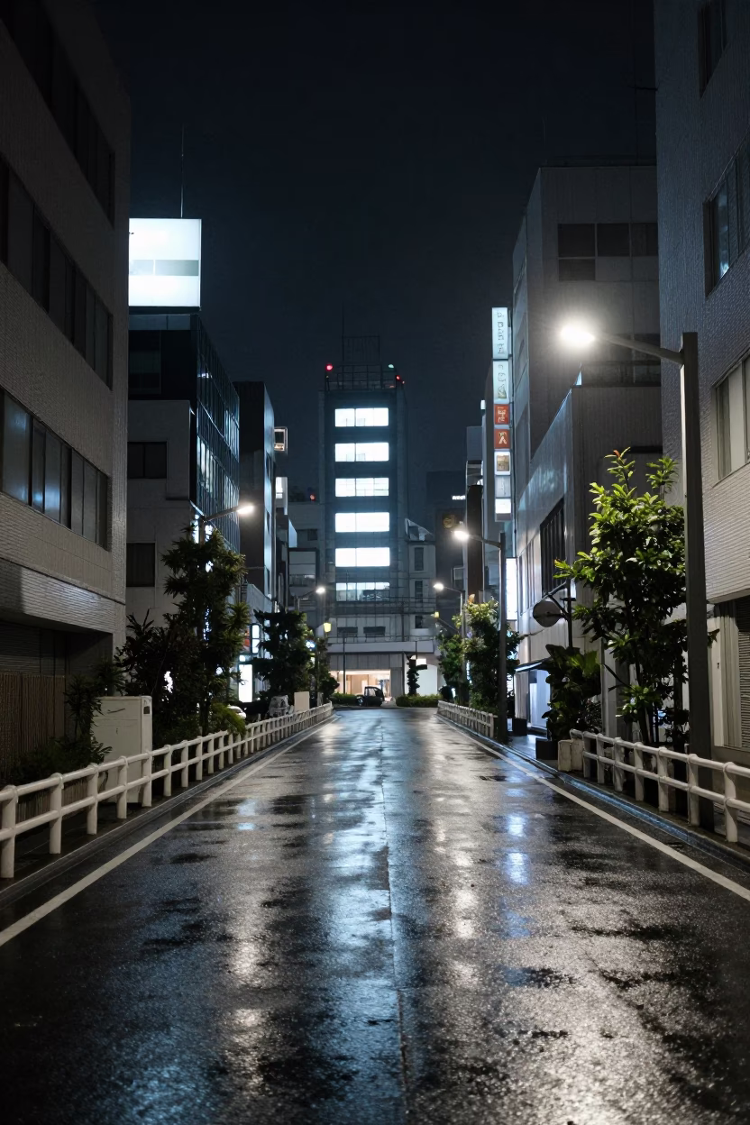 Rain-slicked Street in Osaka at The Deepest Night Sky Light in in Osaka, Japan