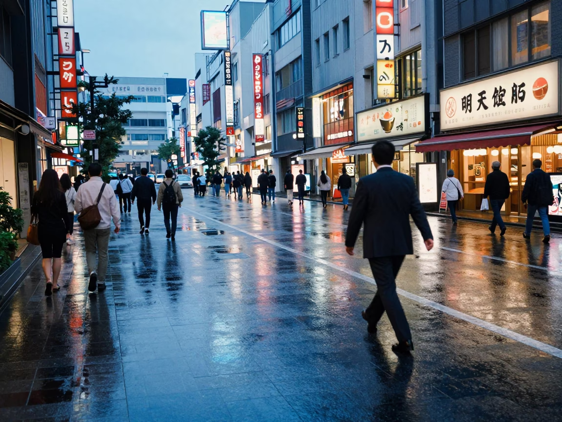 Rain-slicked Street in Osaka in in Osaka, Japan