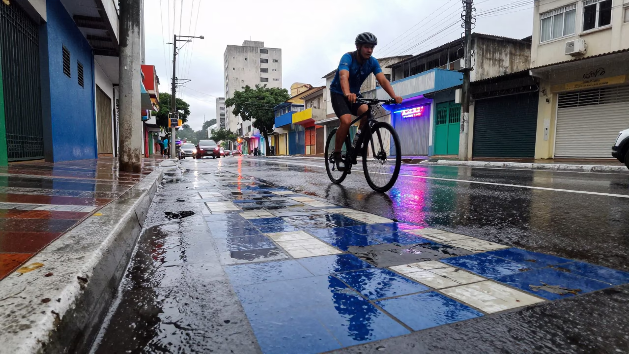 Rain-slicked Street in São Paulo in in São Paulo, Brazil