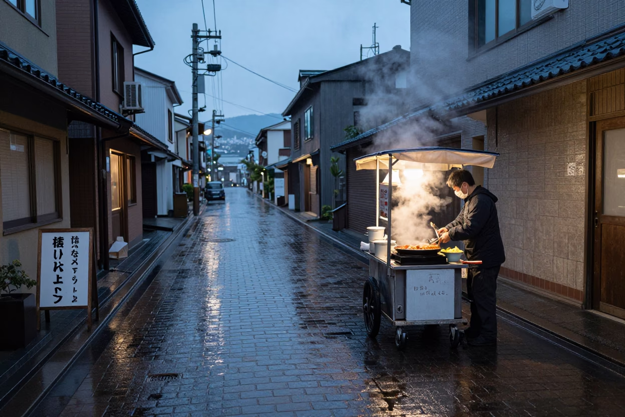 Rain-slicked Street in Sapporo at Blue Hour in in Sapporo, Japan
