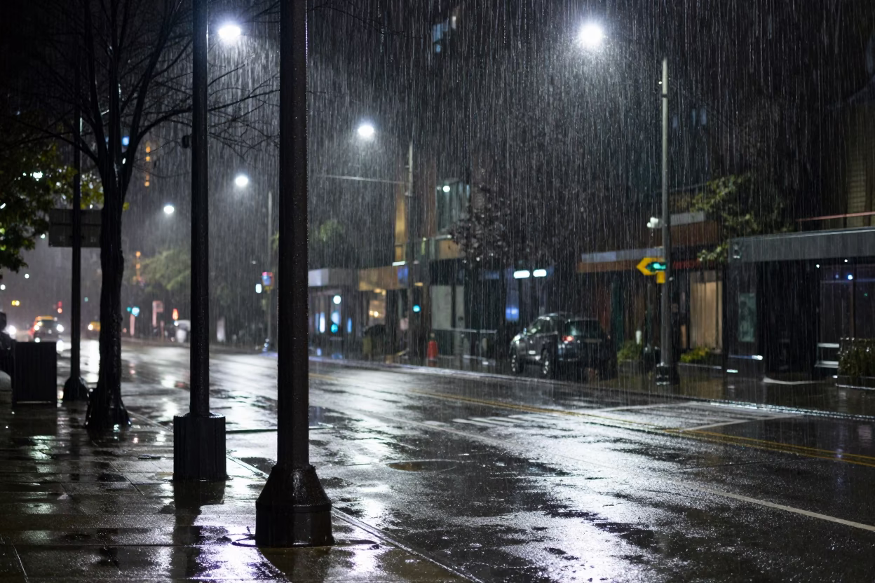 Rain-slicked Street in Seattle at Late At Night Light in in Seattle, Washington, United States
