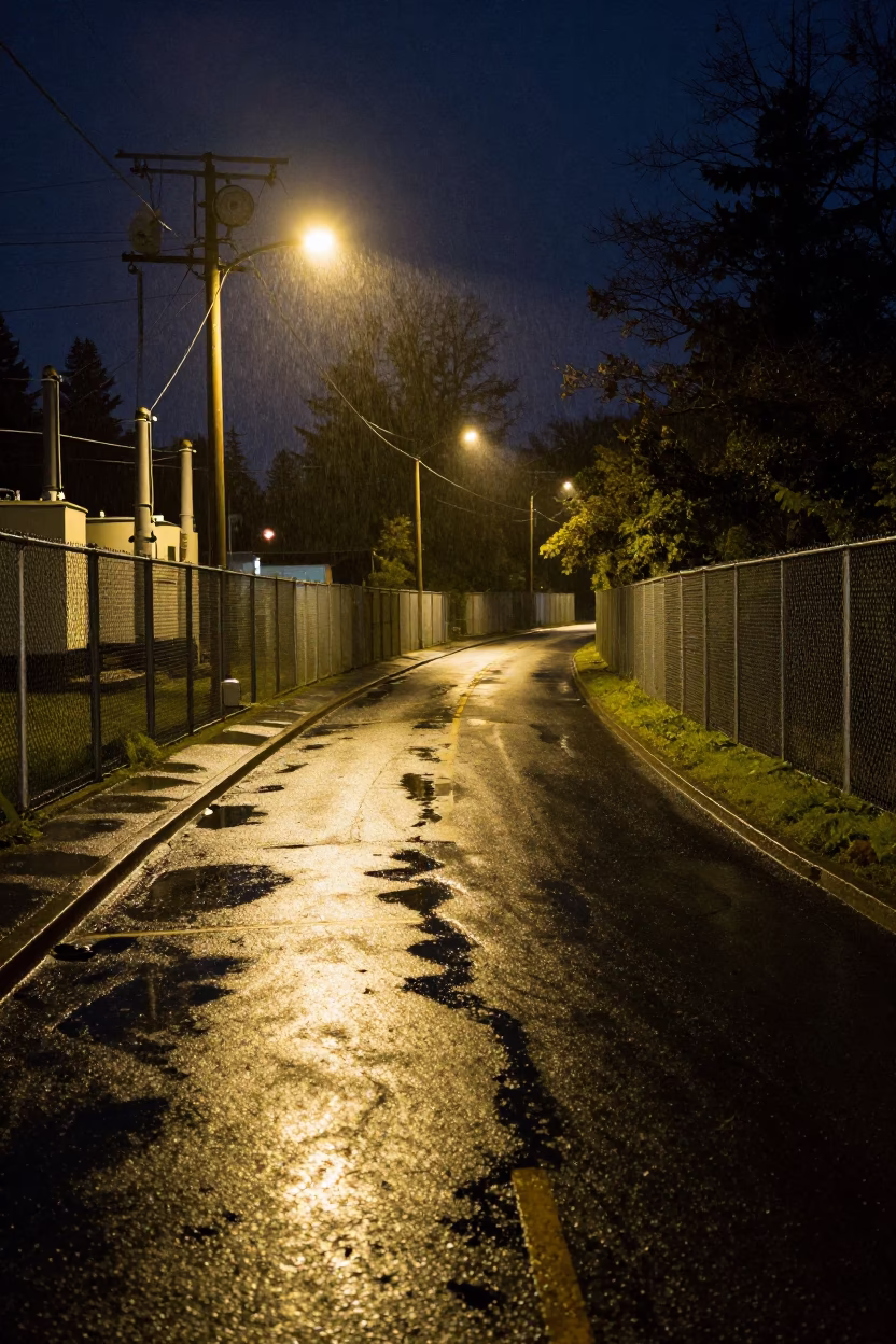 Rain-slicked Substation Access Road in Seattle at Night with Oil Sheen Reflections in in Seattle, Washington, United States
