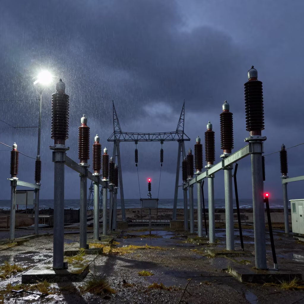 Rain-Slicked Substation Insulators Under Night Floodlights in beneath transmission towers in the Dead Sea