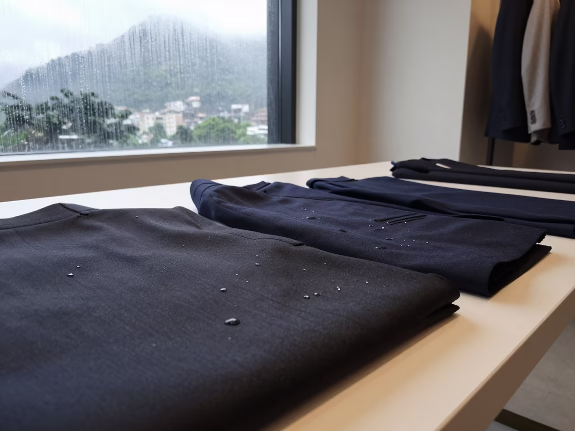 Rain-Slicked Suiting on Tailor Table in Rio Showroom in inside a minimalist showroom in Rio de Janeiro