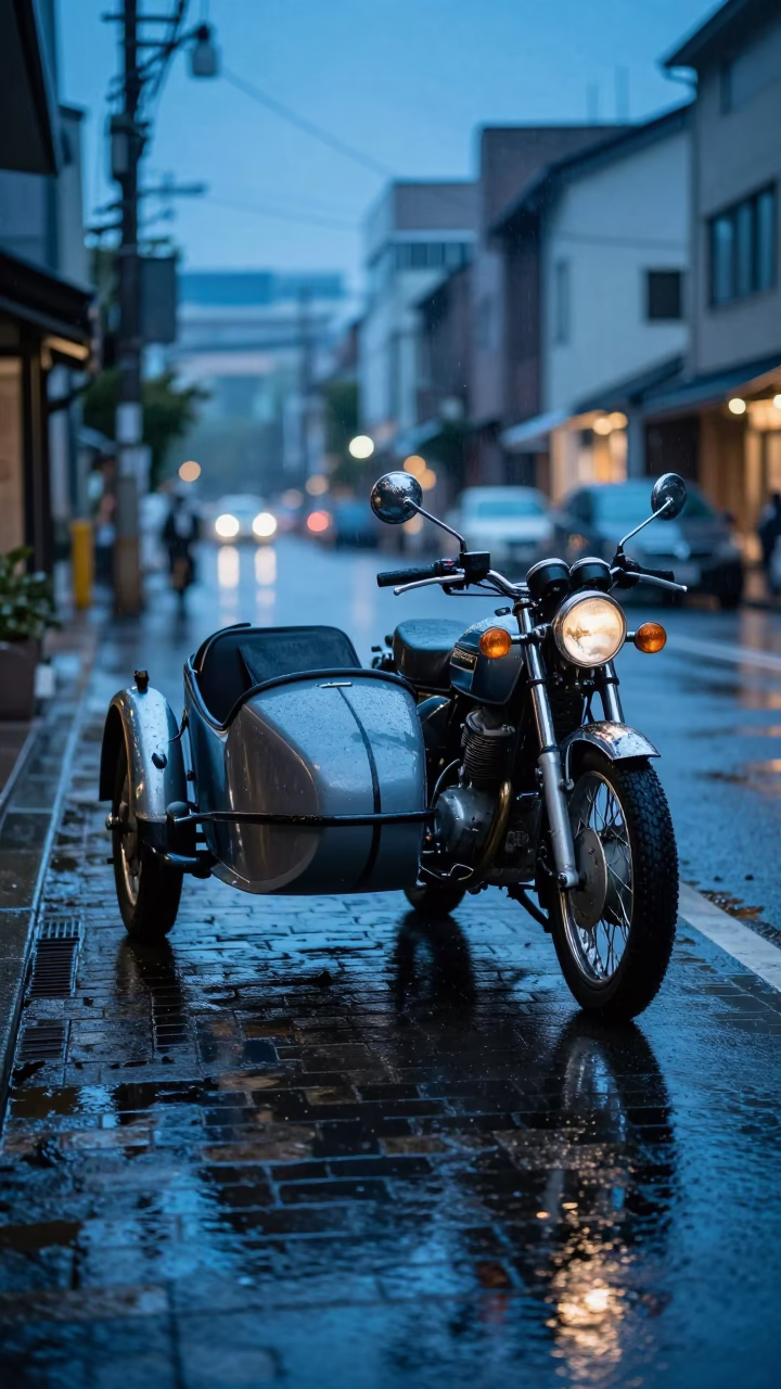 Rain-Slicked Tokyo Street Corner at Blue Hour Reflecting Vintage Motorcycle and Sidecar in in Tokyo, Japan