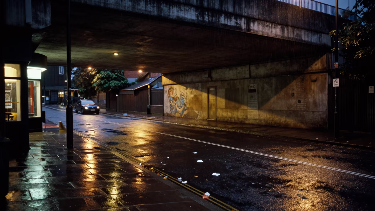 Rain-Slicked Underpass Pavement in Birmingham Night in outside a corner cafe in Birmingham