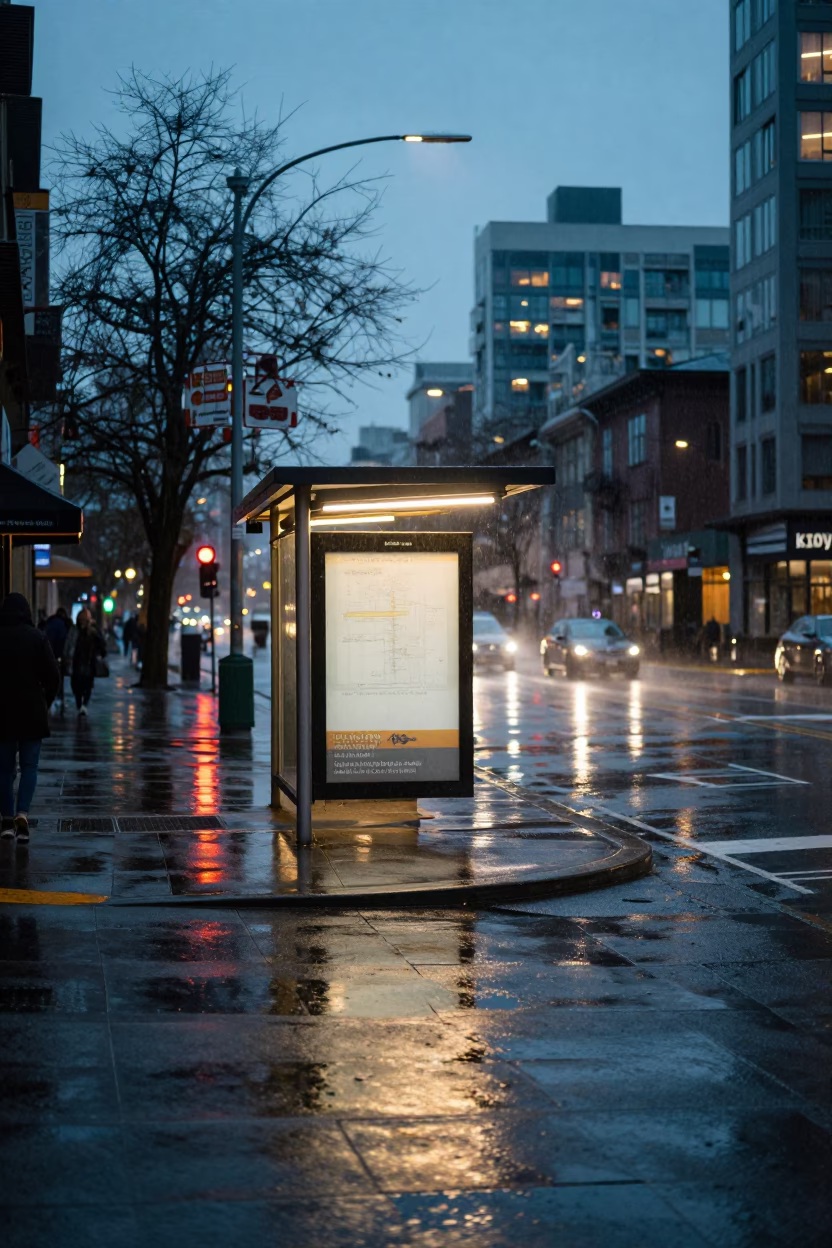 Rain slicked Vancouver street scene with steam and wet pavement at dusk in in Vancouver, British Columbia, Canada