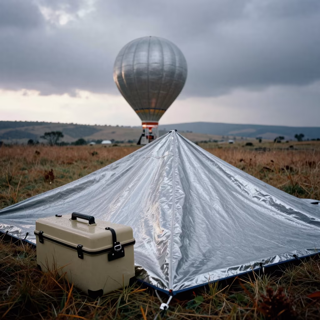 Rain Slicked Weather Balloon Tarp at Dawn in Lesotho in at a remote field station in Lesotho