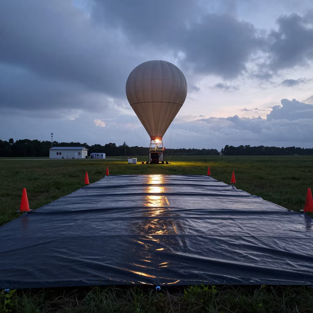 Rain Slicked Weather Balloon Tarp at Dawn in at a remote field station near Medina