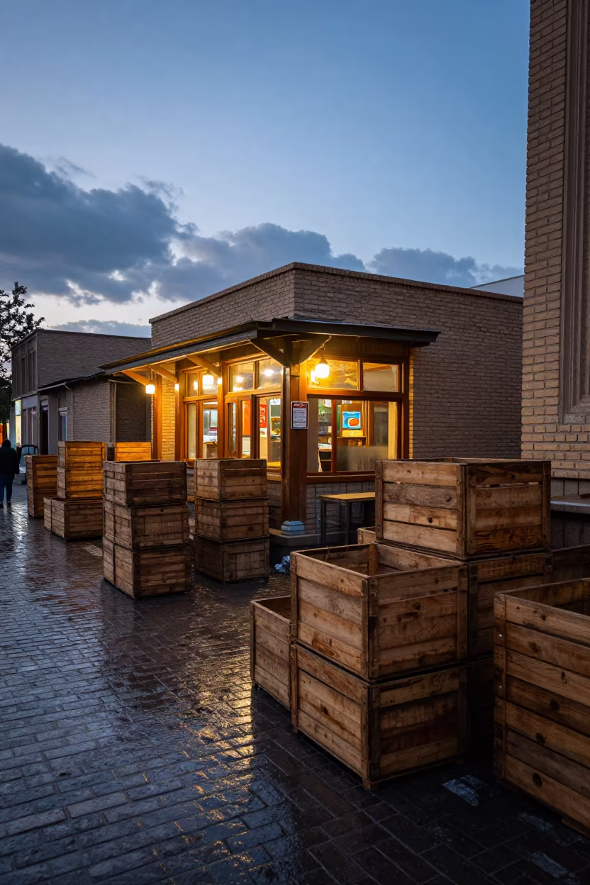 Rain-soaked Alley Crates in Bukhara Blue Hour in outside a corner cafe in Bukhara