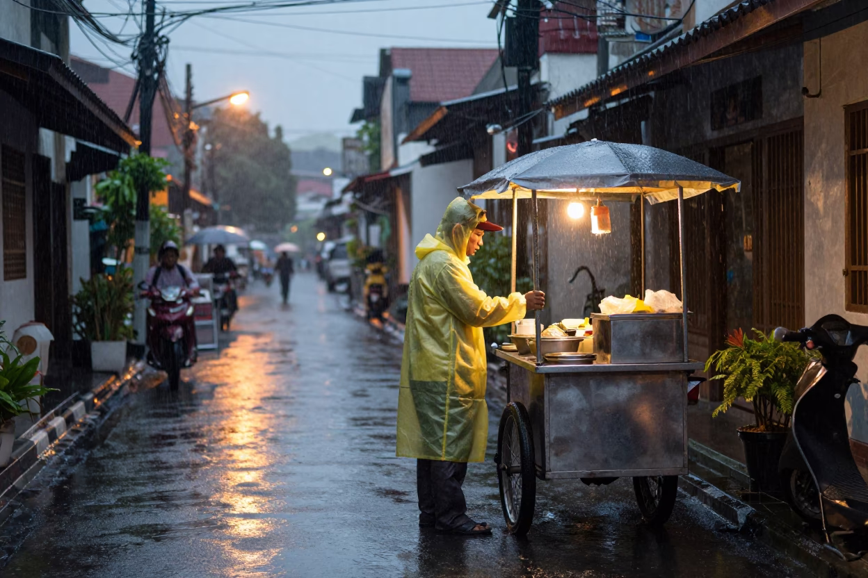 Rain-soaked Alley in Denpasar in in Denpasar, Indonesia