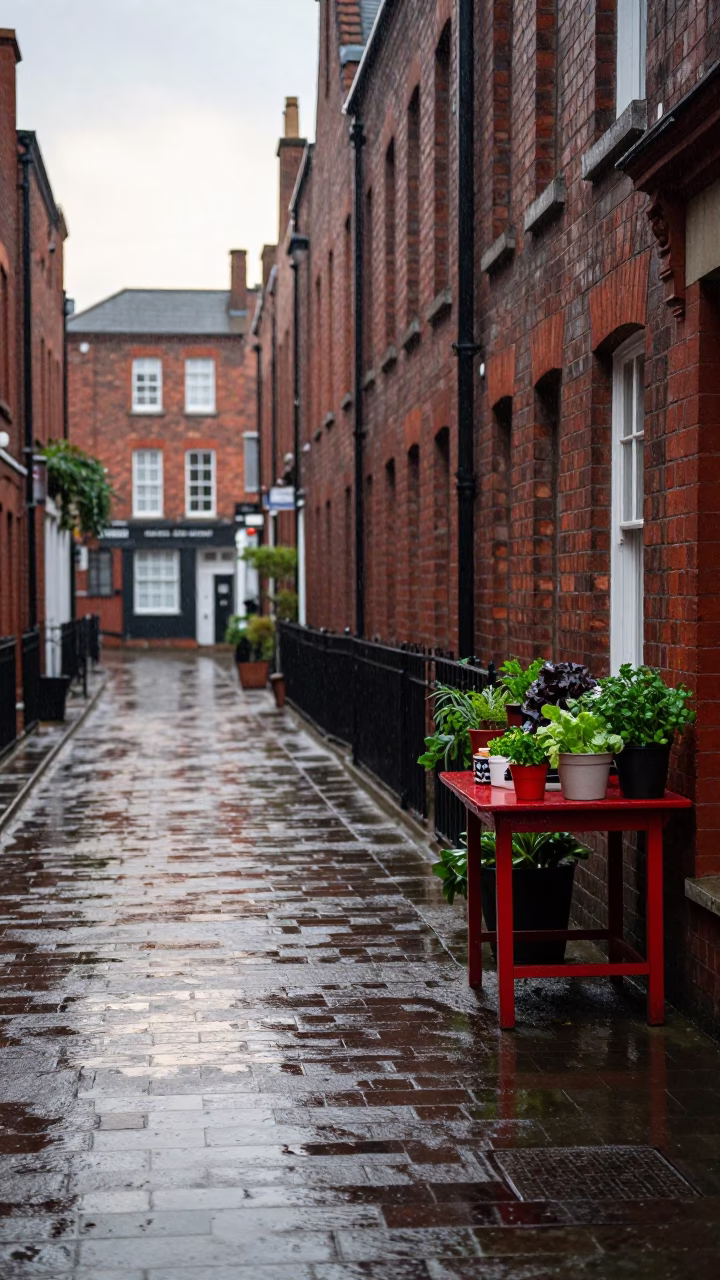Rain-soaked Alley in Liverpool in in Liverpool, United Kingdom