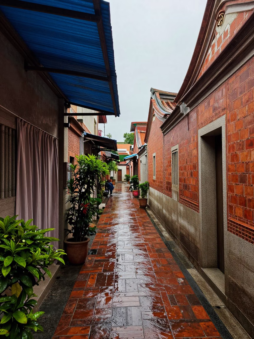 Rain-soaked Alley in Tainan in in Tainan, Taiwan