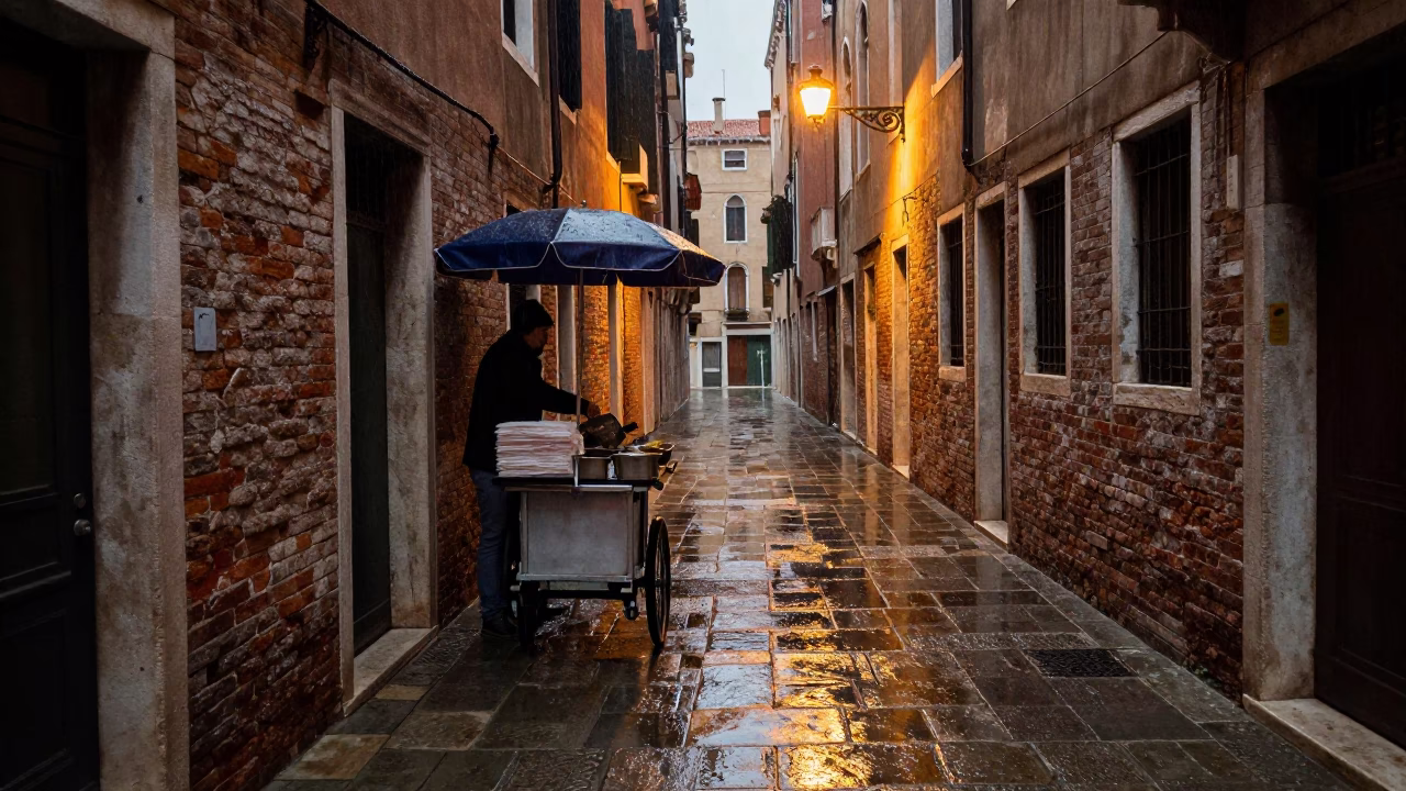 Rain-soaked Alley in Venice in in Venice, Italy