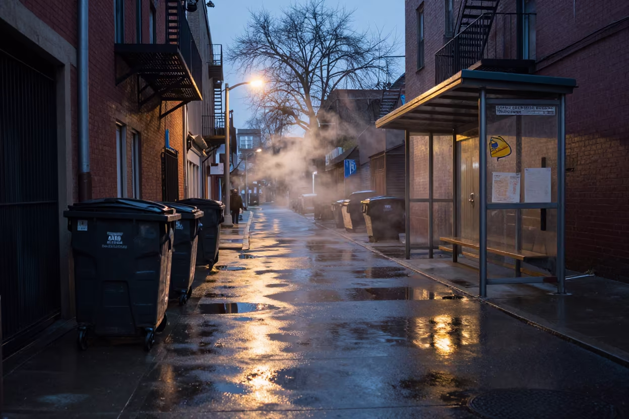 Rain-Soaked Alley Twilight Reflections Guadalupe in beside a steamed-up bus shelter in Guadalupe