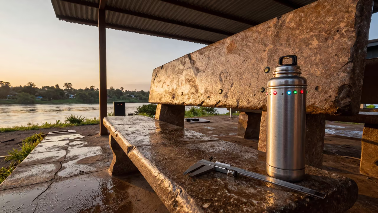 Rain-soaked Bench with Calipers and Thermos at Sunset in on a wind-scoured research platform near Kinshasa