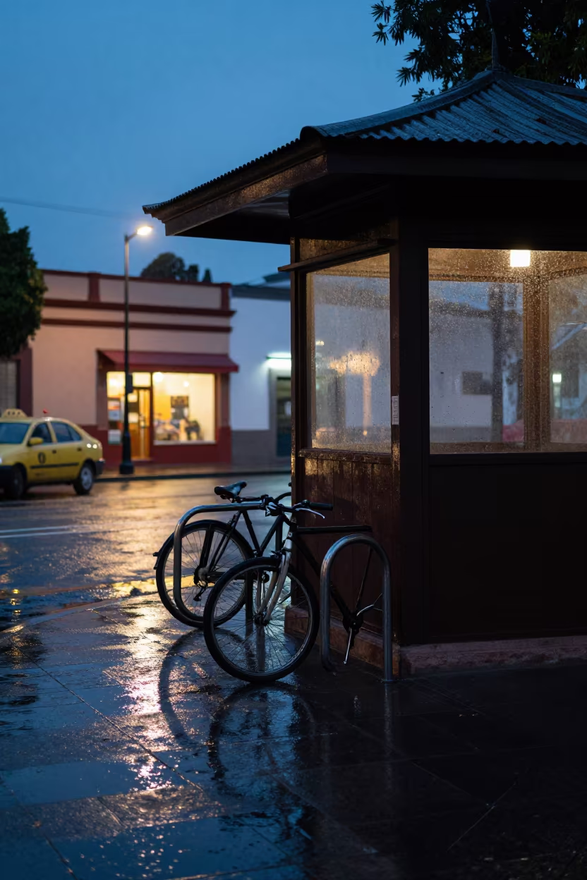 Rain-Soaked Bike Rack and Taxi Reflections in by a rain-darkened kiosk in Irapuato
