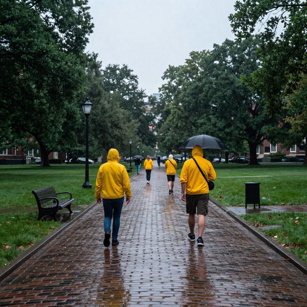 Rain soaked Boston Common path with commuters in yellow raincoats in in Boston, Massachusetts, United States