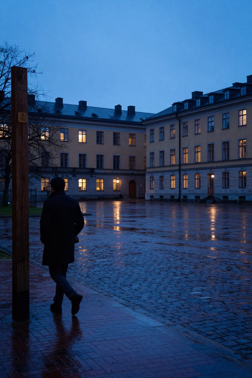 Rain-soaked brick campus quad in Stockholm Sweden during blue hour twilight in in Stockholm, Sweden