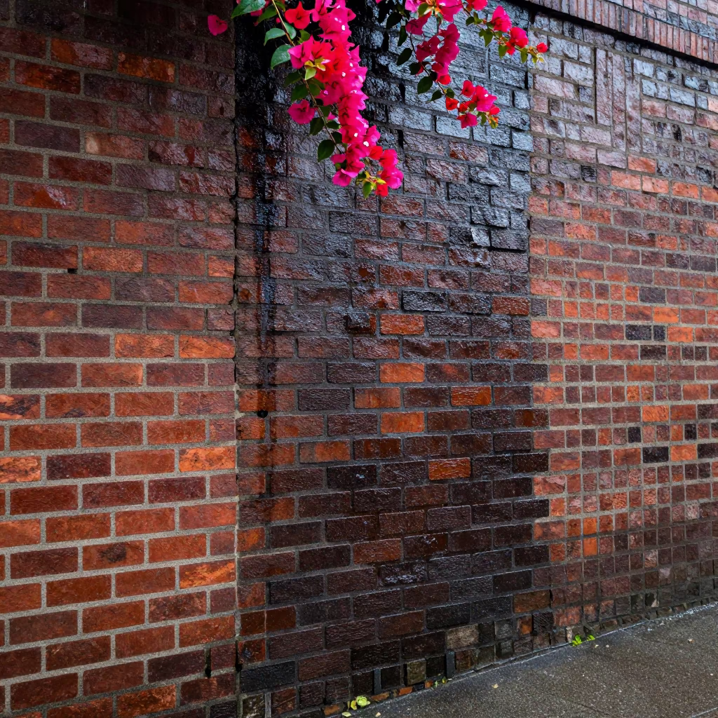 Rain soaked brick wall with dark grout near Vancouver street corner in in Vancouver, British Columbia, Canada