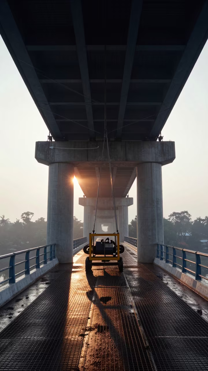 Rain-Soaked Bridge Cradle Under Steel Viaduct in under a viaduct of steel and concrete in Manipur