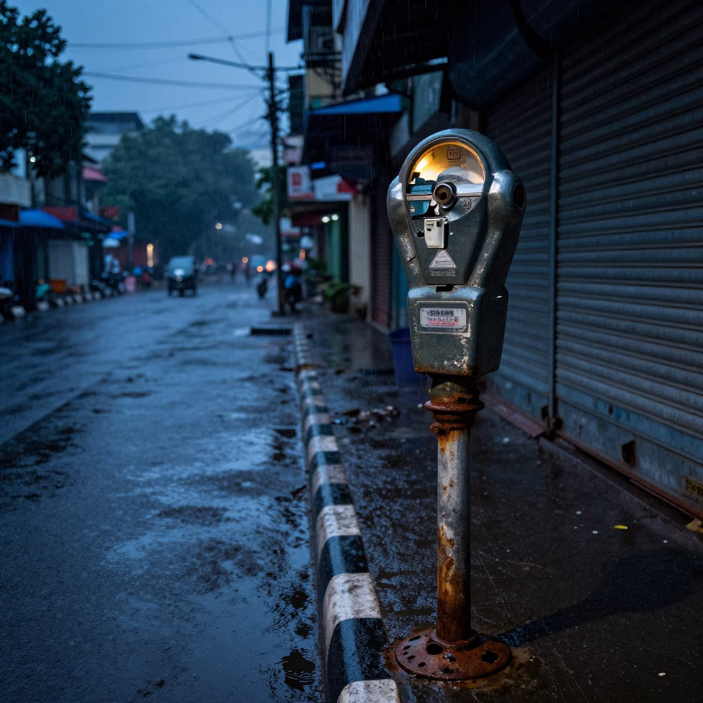 Rain-Soaked Broken Parking Meter Dhaka Arcade in along a shuttered arcade in Dhaka