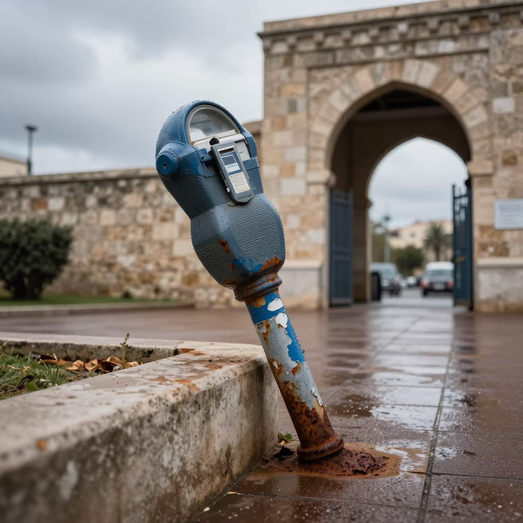 Rain-Soaked Broken Parking Meter Larache Curb in outside a metro entrance in Larache