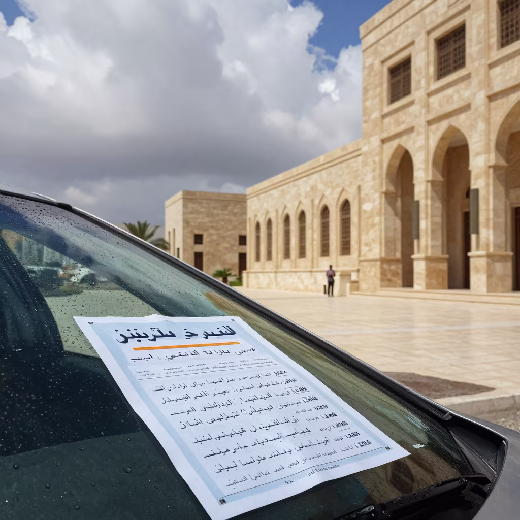 Rain-soaked Campaign Flyers Under Courthouse Wipers in in a courthouse corridor near Aqaba