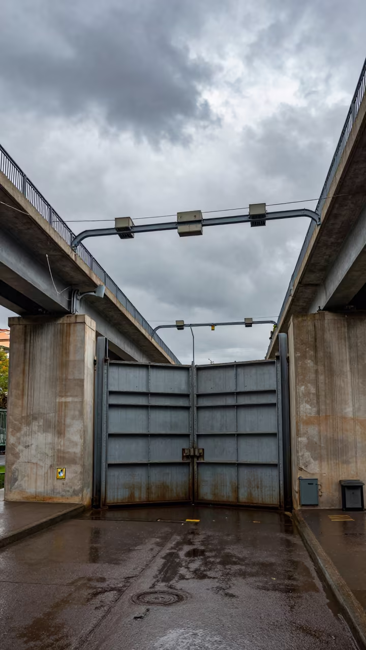 Rain-Soaked Canal Lock Gate Under Windy Overpass in across a windy overpass interchange in La Boqueria, Barcelona