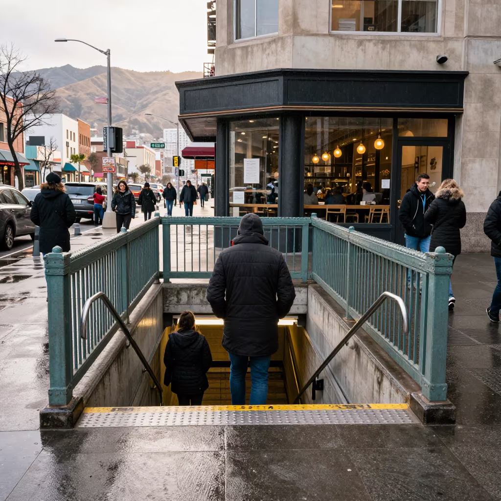 Rain Soaked Commuters Descend Staircase in outside a corner cafe in Los Angeles