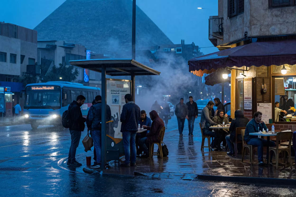 Rain-Soaked Commuters at Giza Bus Stop in outside a corner cafe in Giza